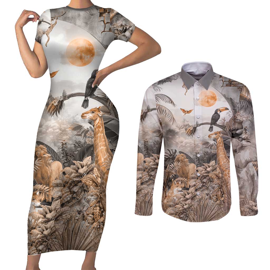 Africa Safari Animals Couples Matching Short Sleeve Bodycon Dress and Long Sleeve Button Shirt - Wonder Print Shop