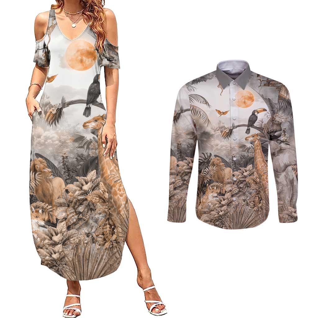 Africa Safari Animals Couples Matching Summer Maxi Dress and Long Sleeve Button Shirt - Wonder Print Shop