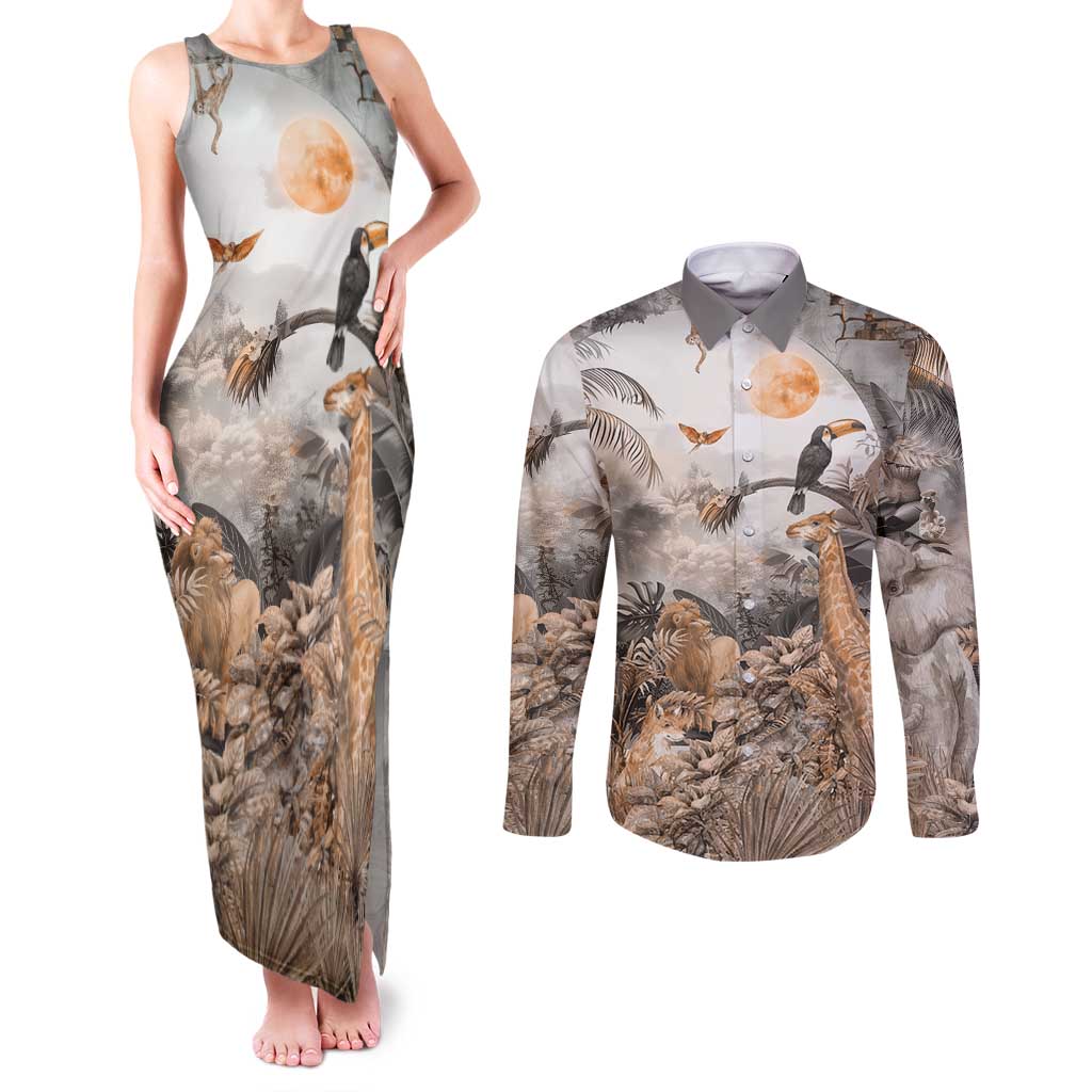 Africa Safari Animals Couples Matching Tank Maxi Dress and Long Sleeve Button Shirt - Wonder Print Shop