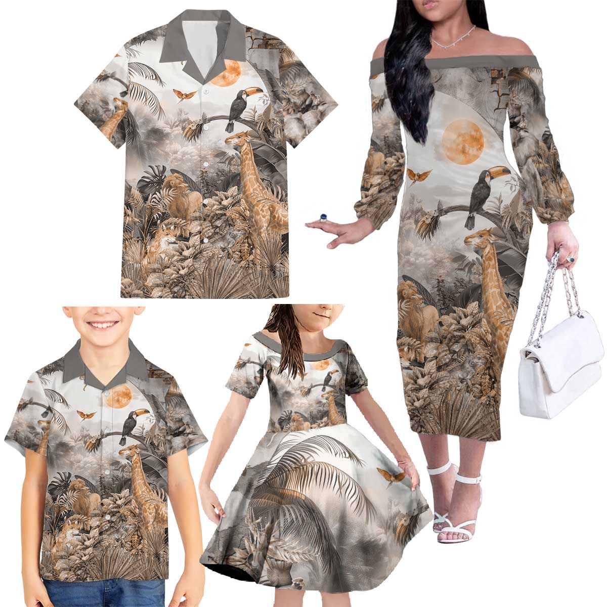 Africa Safari Animals Family Matching Off The Shoulder Long Sleeve Dress and Hawaiian Shirt - Wonder Print Shop