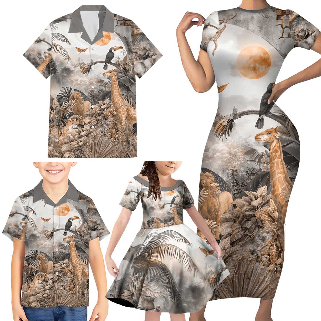 Africa Safari Animals Family Matching Short Sleeve Bodycon Dress and Hawaiian Shirt - Wonder Print Shop