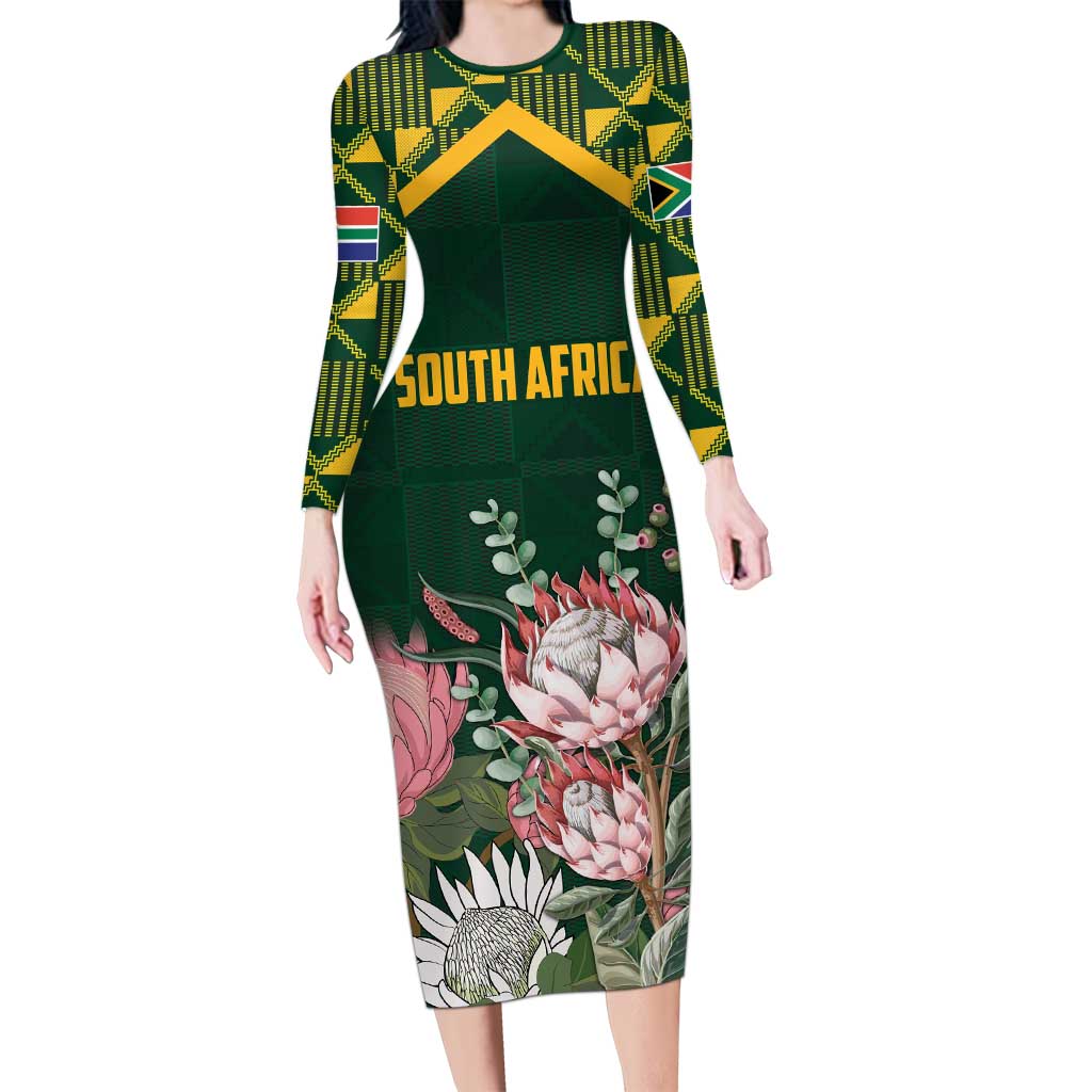 Personalized South Africa King Protea Family Matching Long Sleeve Bodycon Dress and Hawaiian Shirt With Kente Patterns - Wonder Print Shop