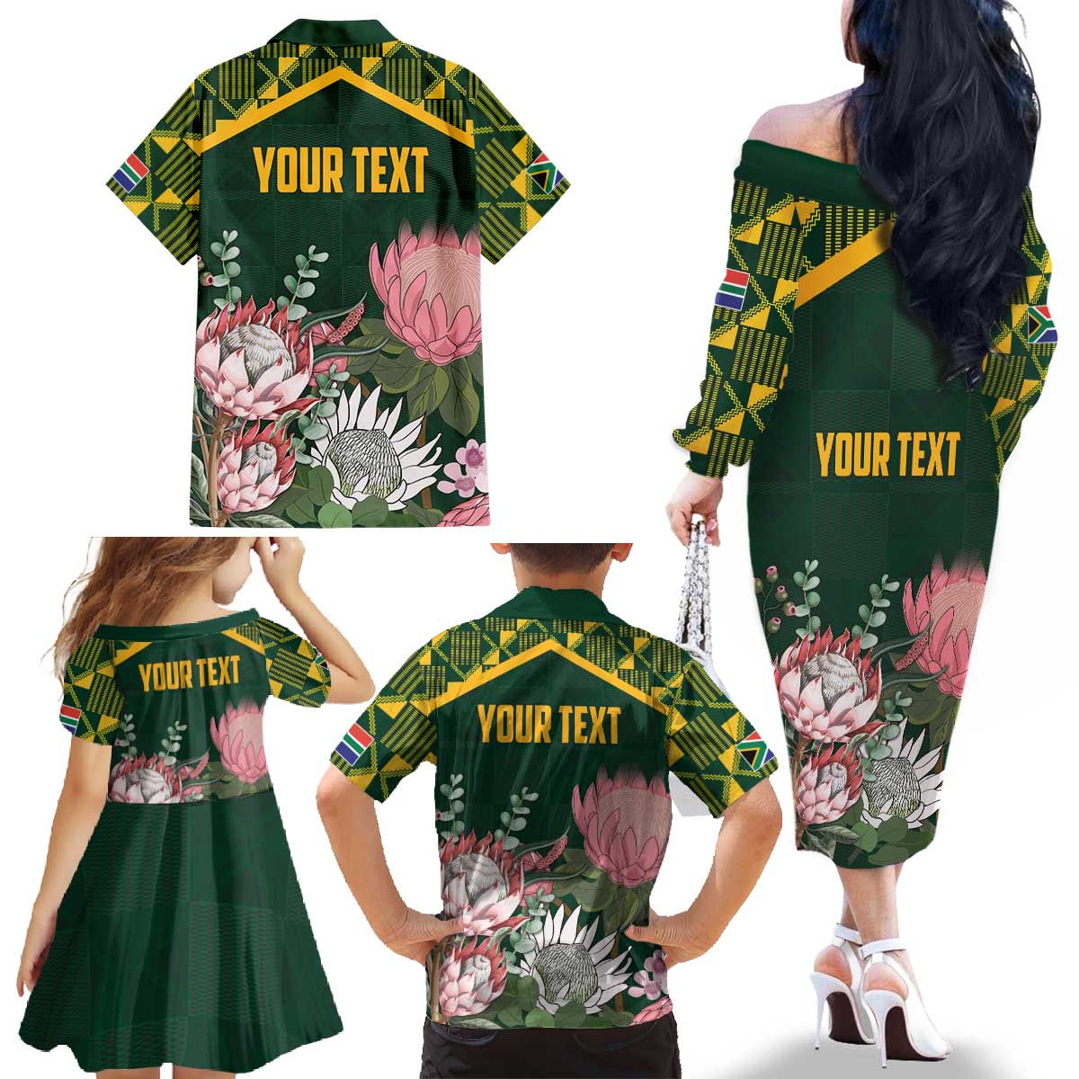 Personalized South Africa King Protea Family Matching Off The Shoulder Long Sleeve Dress and Hawaiian Shirt With Kente Patterns - Wonder Print Shop