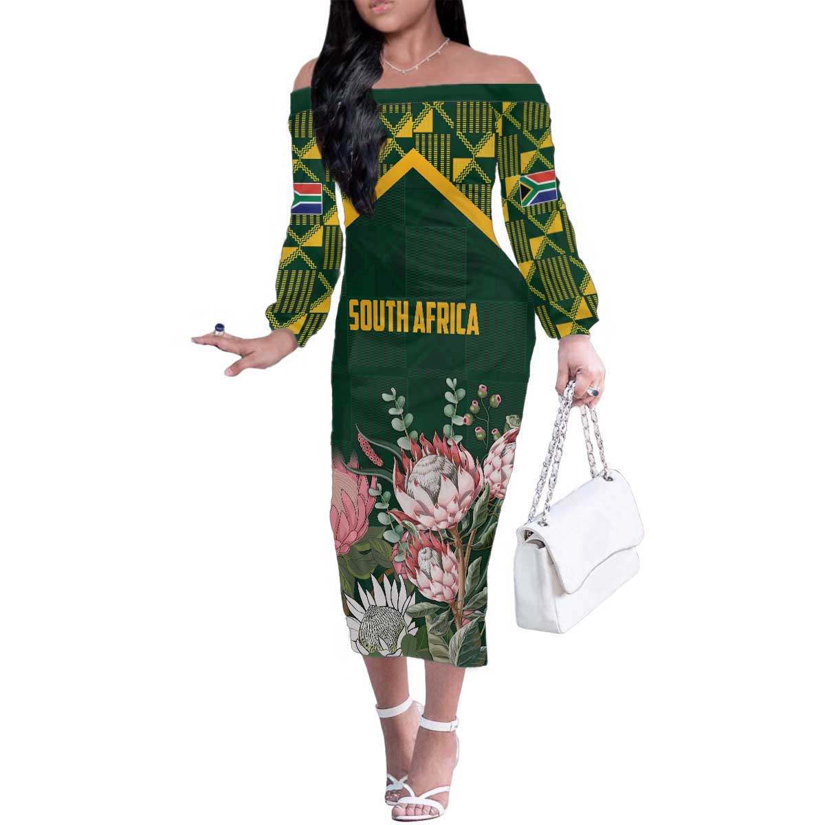 Personalized South Africa King Protea Family Matching Off The Shoulder Long Sleeve Dress and Hawaiian Shirt With Kente Patterns - Wonder Print Shop