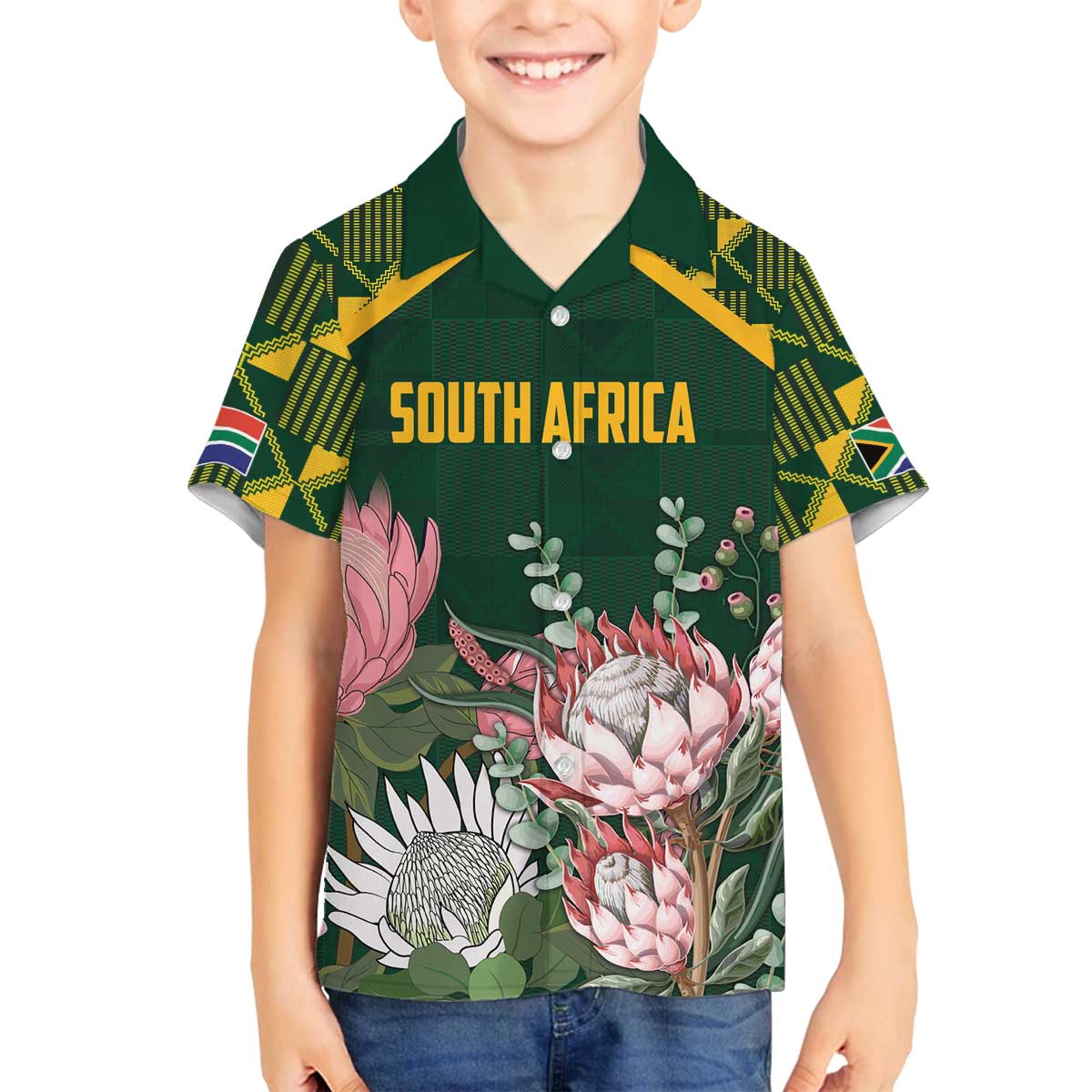 Personalized South Africa King Protea Family Matching Off The Shoulder Long Sleeve Dress and Hawaiian Shirt With Kente Patterns - Wonder Print Shop