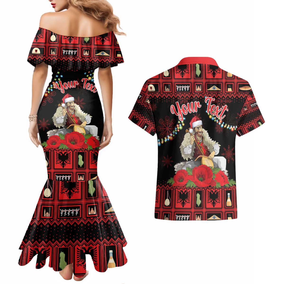Personalized Albania Christmas Couples Matching Mermaid Dress and Hawaiian Shirt Albanian Man Playing Lahuta With Red Poppy - Wonder Print Shop