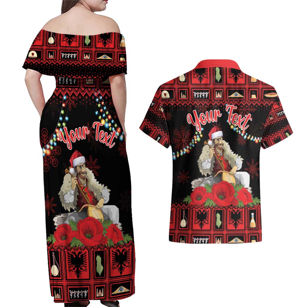 Personalized Albania Christmas Couples Matching Off Shoulder Maxi Dress and Hawaiian Shirt Albanian Man Playing Lahuta With Red Poppy - Wonder Print Shop