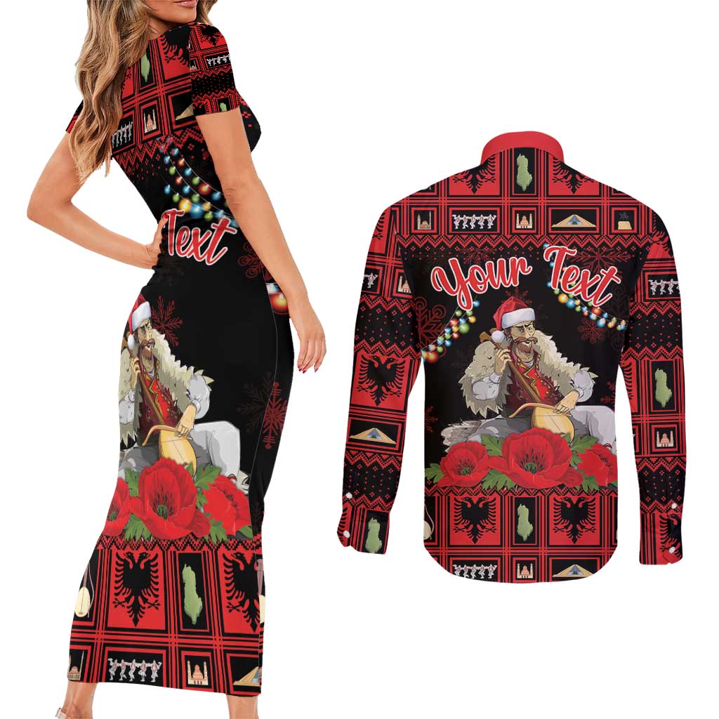 Personalized Albania Christmas Couples Matching Short Sleeve Bodycon Dress and Long Sleeve Button Shirt Albanian Man Playing Lahuta With Red Poppy - Wonder Print Shop