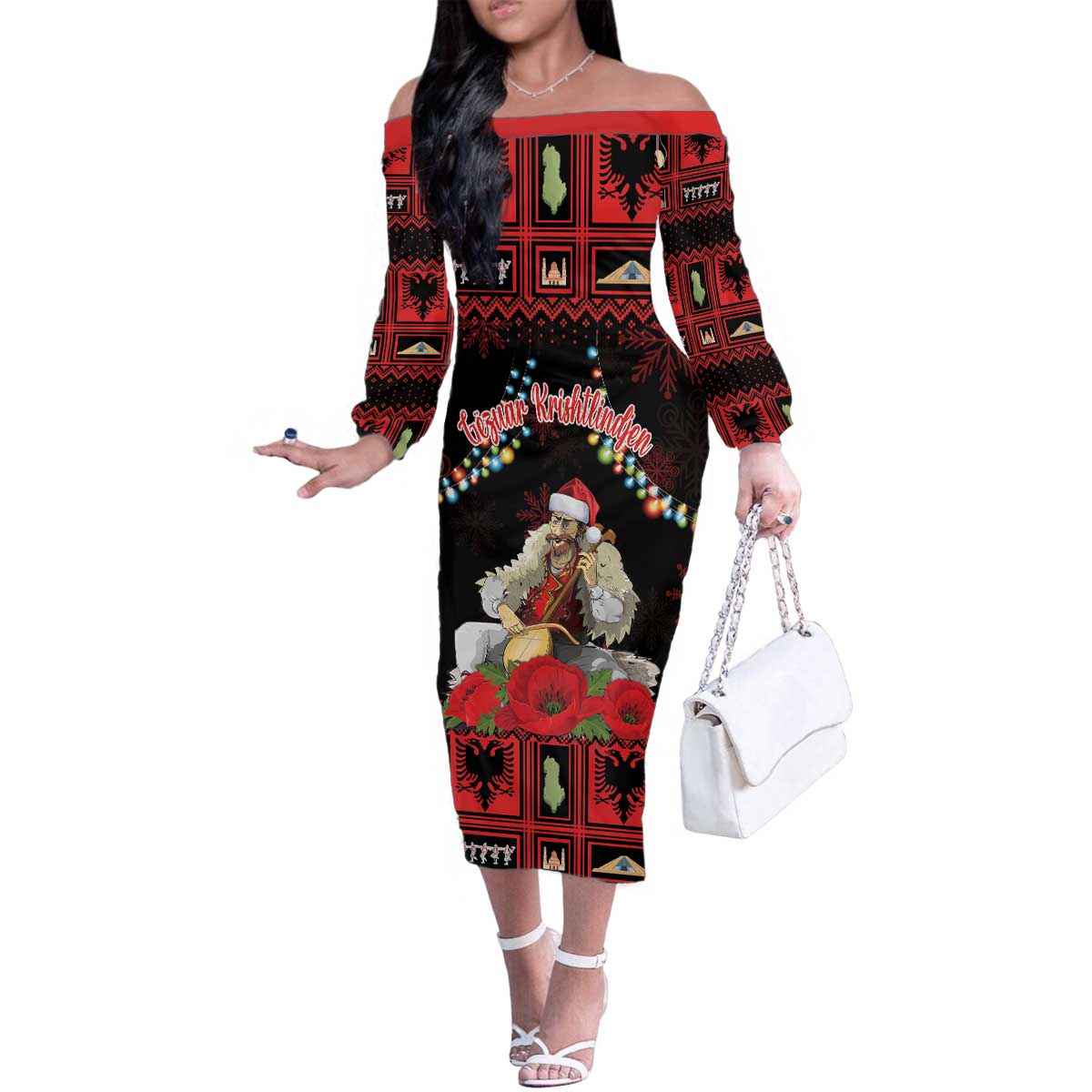 Personalized Albania Christmas Family Matching Off The Shoulder Long Sleeve Dress and Hawaiian Shirt Albanian Man Playing Lahuta With Red Poppy - Wonder Print Shop