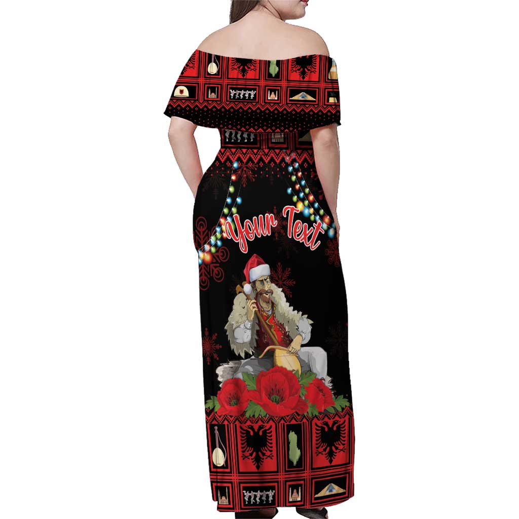 Personalized Albania Christmas Family Matching Off Shoulder Maxi Dress and Hawaiian Shirt Albanian Man Playing Lahuta With Red Poppy - Wonder Print Shop