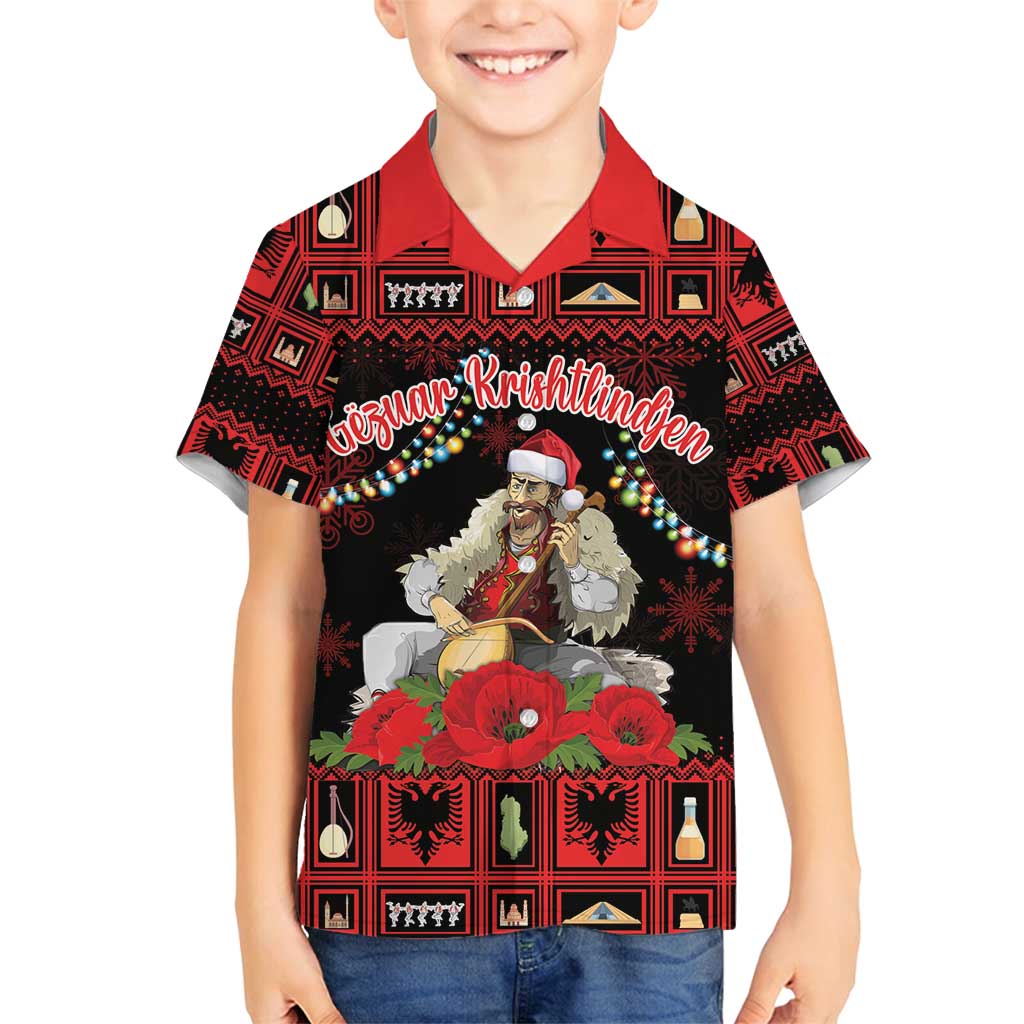 Personalized Albania Christmas Family Matching Off Shoulder Maxi Dress and Hawaiian Shirt Albanian Man Playing Lahuta With Red Poppy - Wonder Print Shop