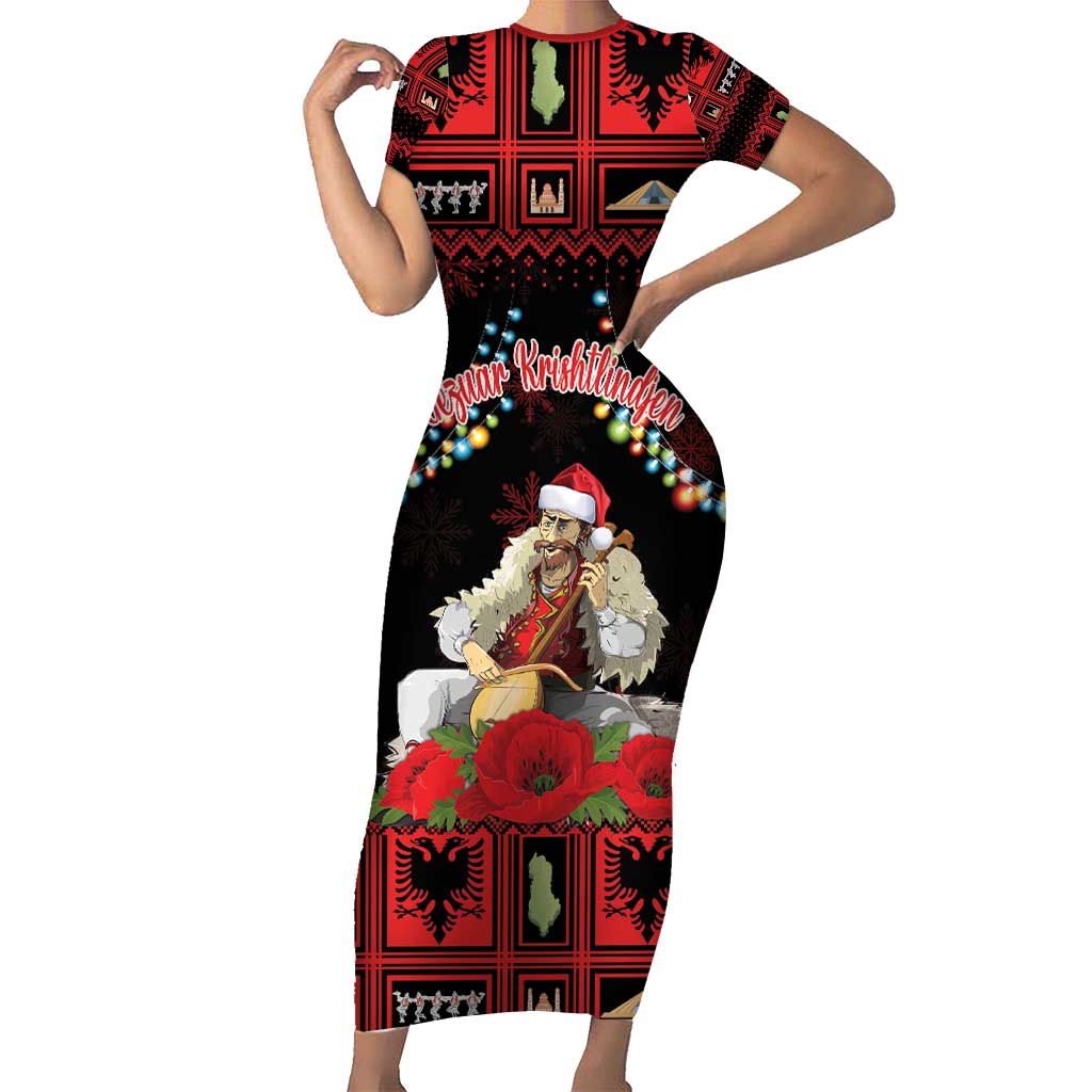Personalized Albania Christmas Family Matching Short Sleeve Bodycon Dress and Hawaiian Shirt Albanian Man Playing Lahuta With Red Poppy - Wonder Print Shop