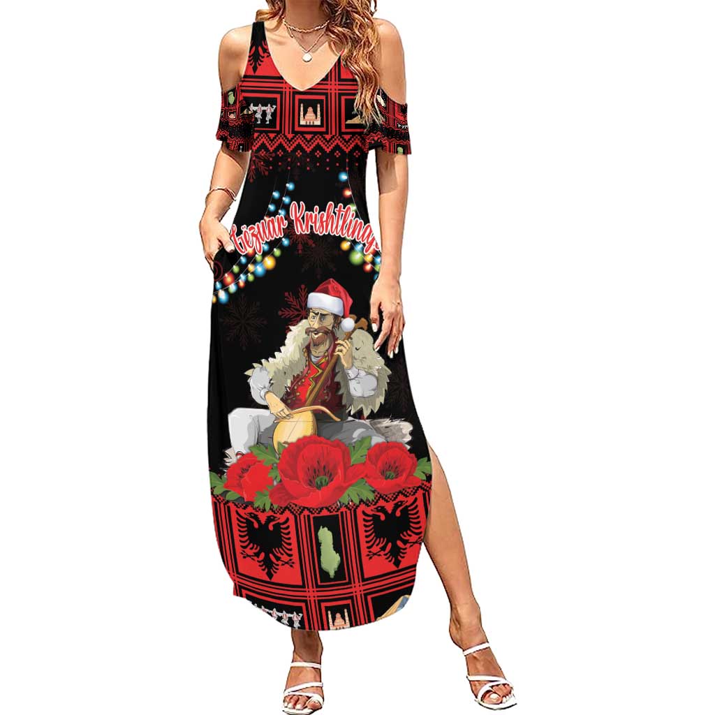 Personalized Albania Christmas Family Matching Summer Maxi Dress and Hawaiian Shirt Albanian Man Playing Lahuta With Red Poppy - Wonder Print Shop