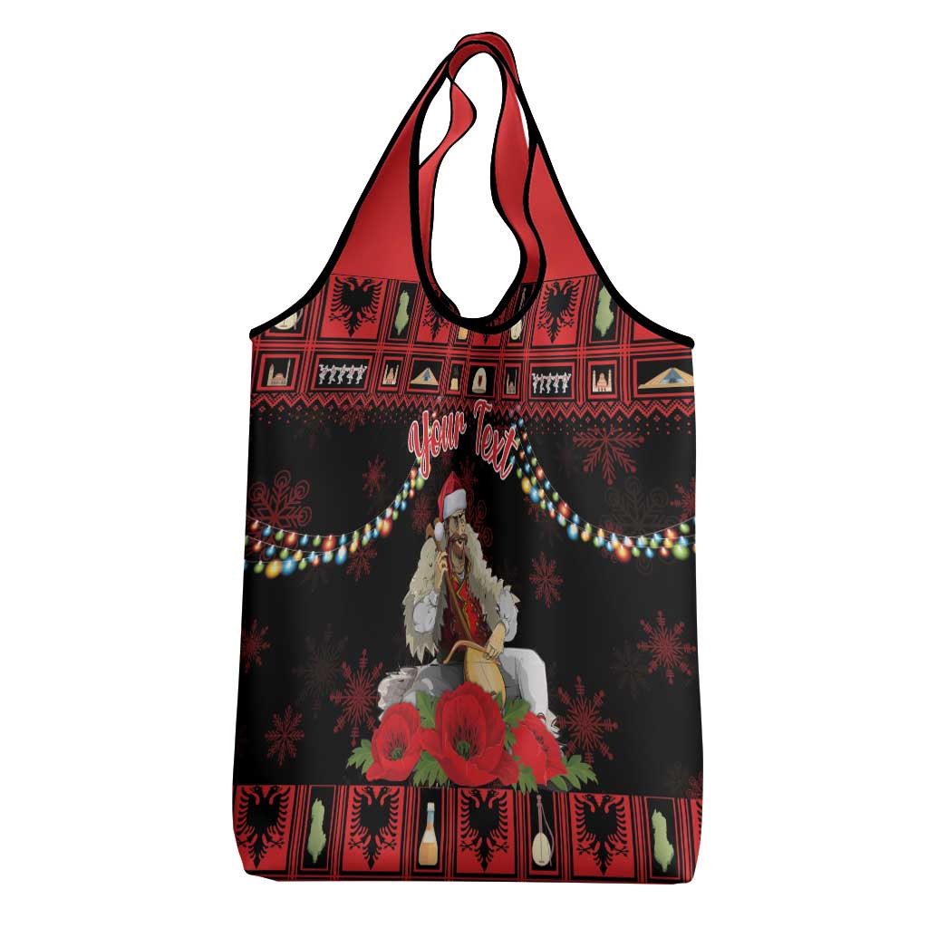 Personalized Albania Christmas Grocery Bag Albanian Man Playing Lahuta With Red Poppy