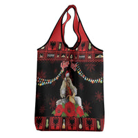 Personalized Albania Christmas Grocery Bag Albanian Man Playing Lahuta With Red Poppy