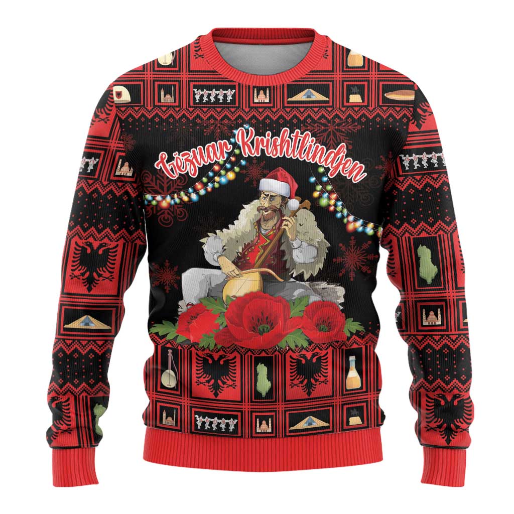 Personalized Albania Christmas Ugly Christmas Sweater Albanian Man Playing Lahuta With Red Poppy - Wonder Print Shop