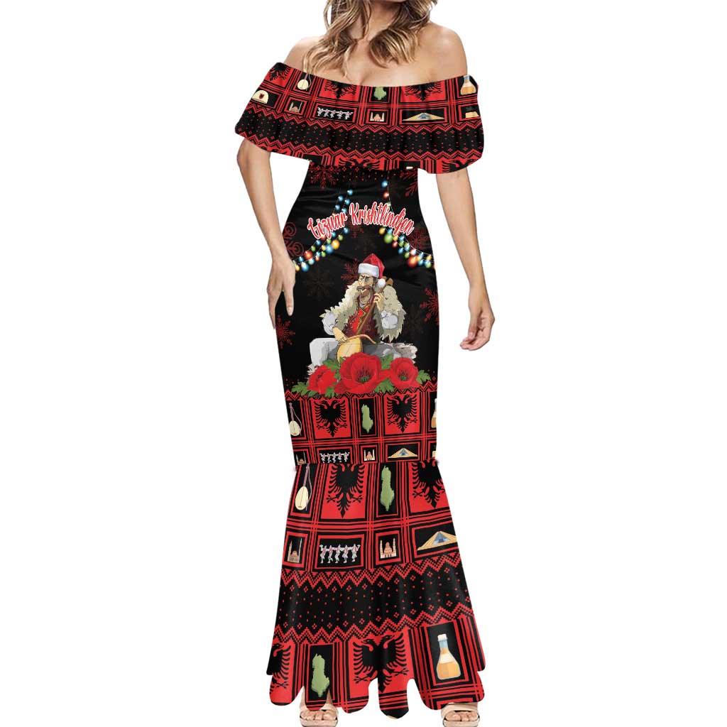 Personalized Albania Christmas Mermaid Dress Albanian Man Playing Lahuta With Red Poppy - Wonder Print Shop