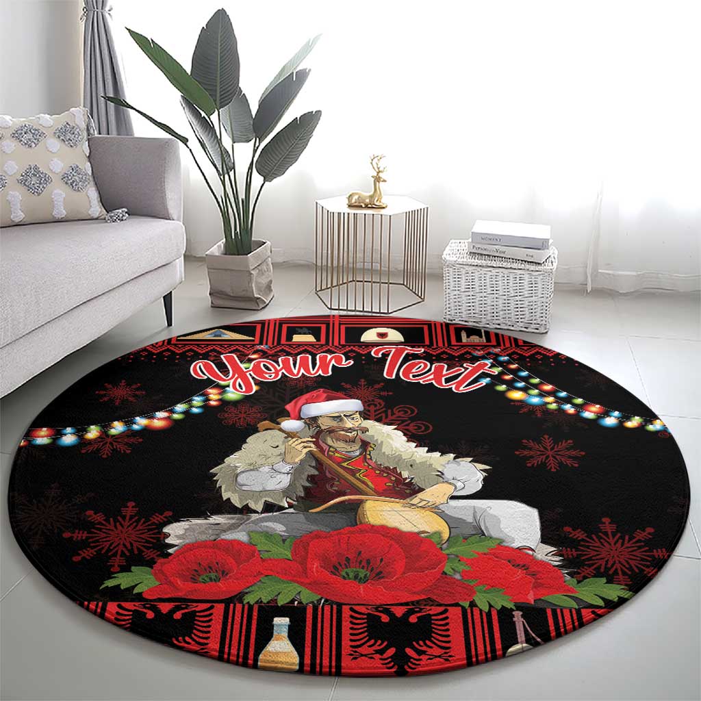 Personalized Albania Christmas Round Carpet Albanian Man Playing Lahuta With Red Poppy
