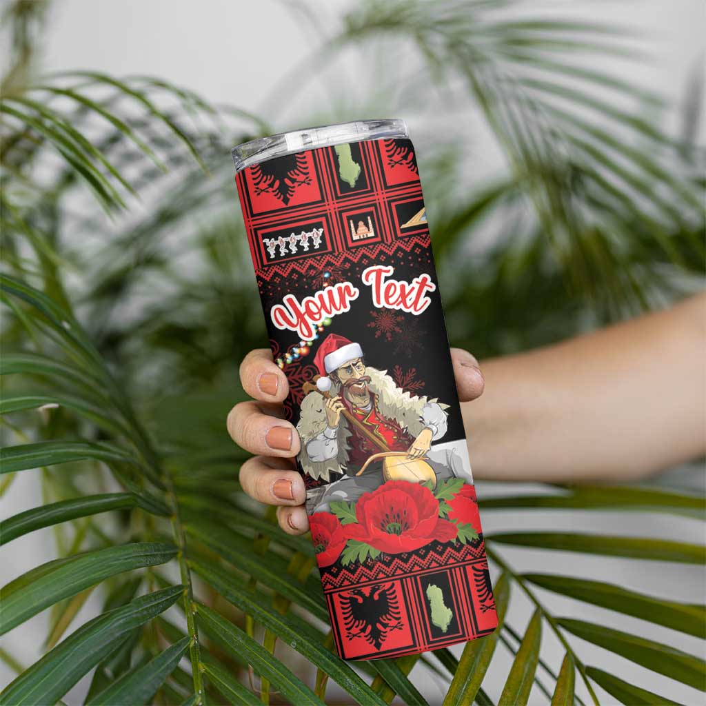 Personalized Albania Christmas Skinny Tumbler Albanian Man Playing Lahuta With Red Poppy - Wonder Print Shop