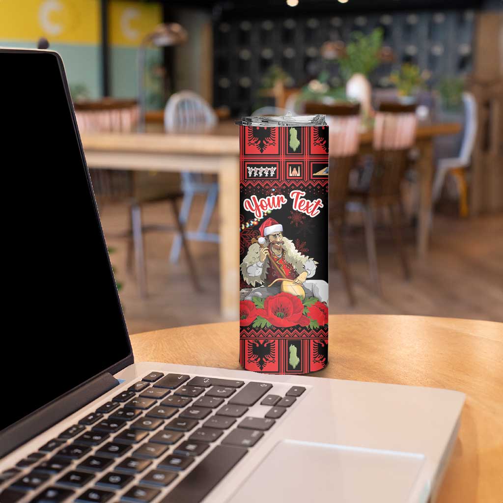 Personalized Albania Christmas Skinny Tumbler Albanian Man Playing Lahuta With Red Poppy - Wonder Print Shop