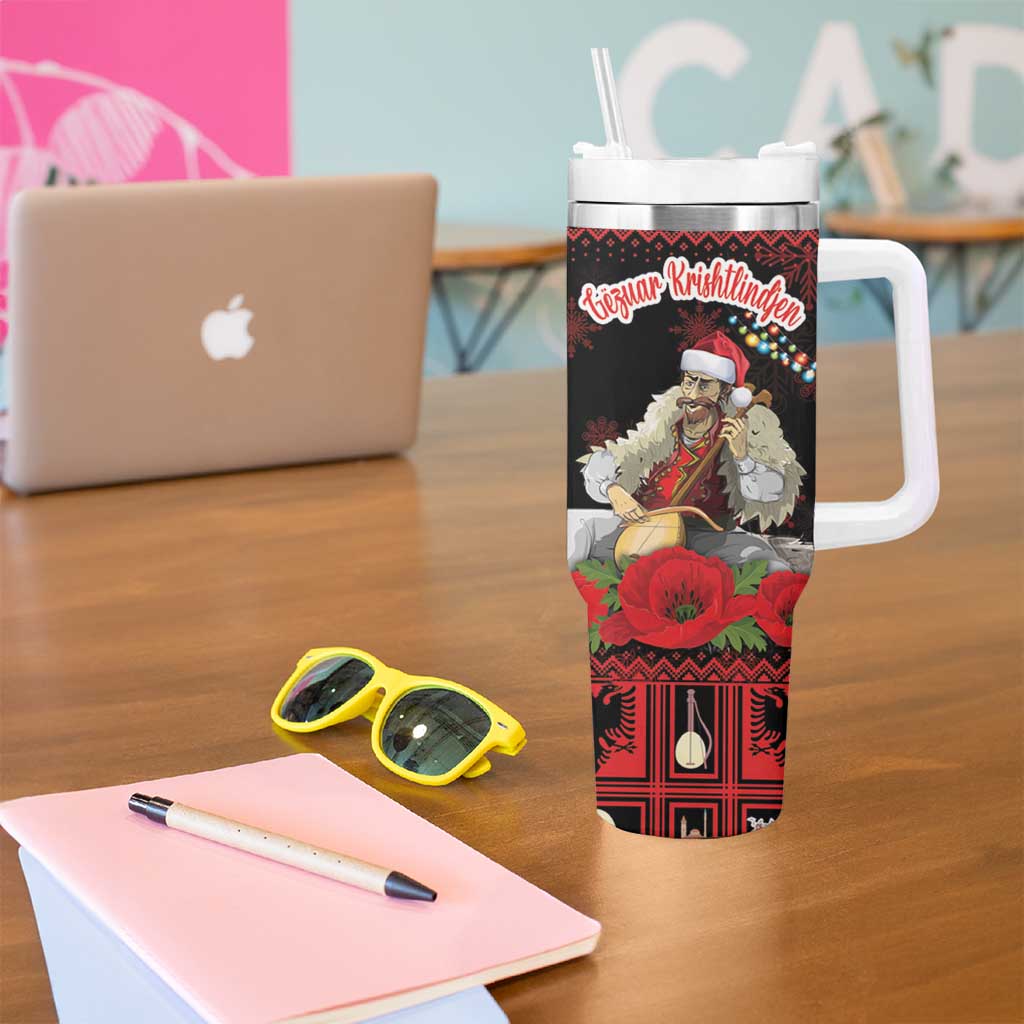 Personalized Albania Christmas Tumbler With Handle Albanian Man Playing Lahuta With Red Poppy - Wonder Print Shop