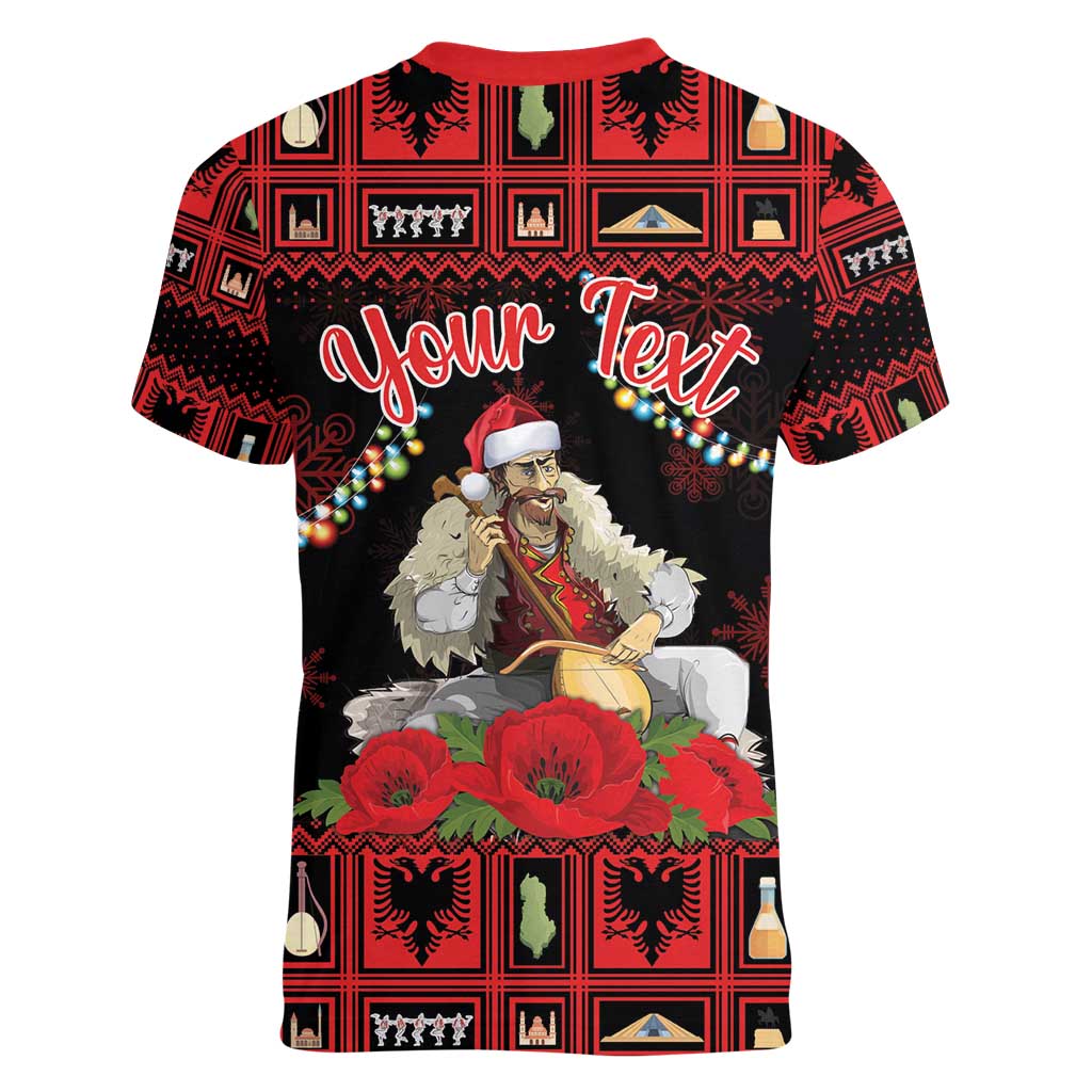 Personalized Albania Christmas Women V-Neck T-Shirt Albanian Man Playing Lahuta With Red Poppy - Wonder Print Shop