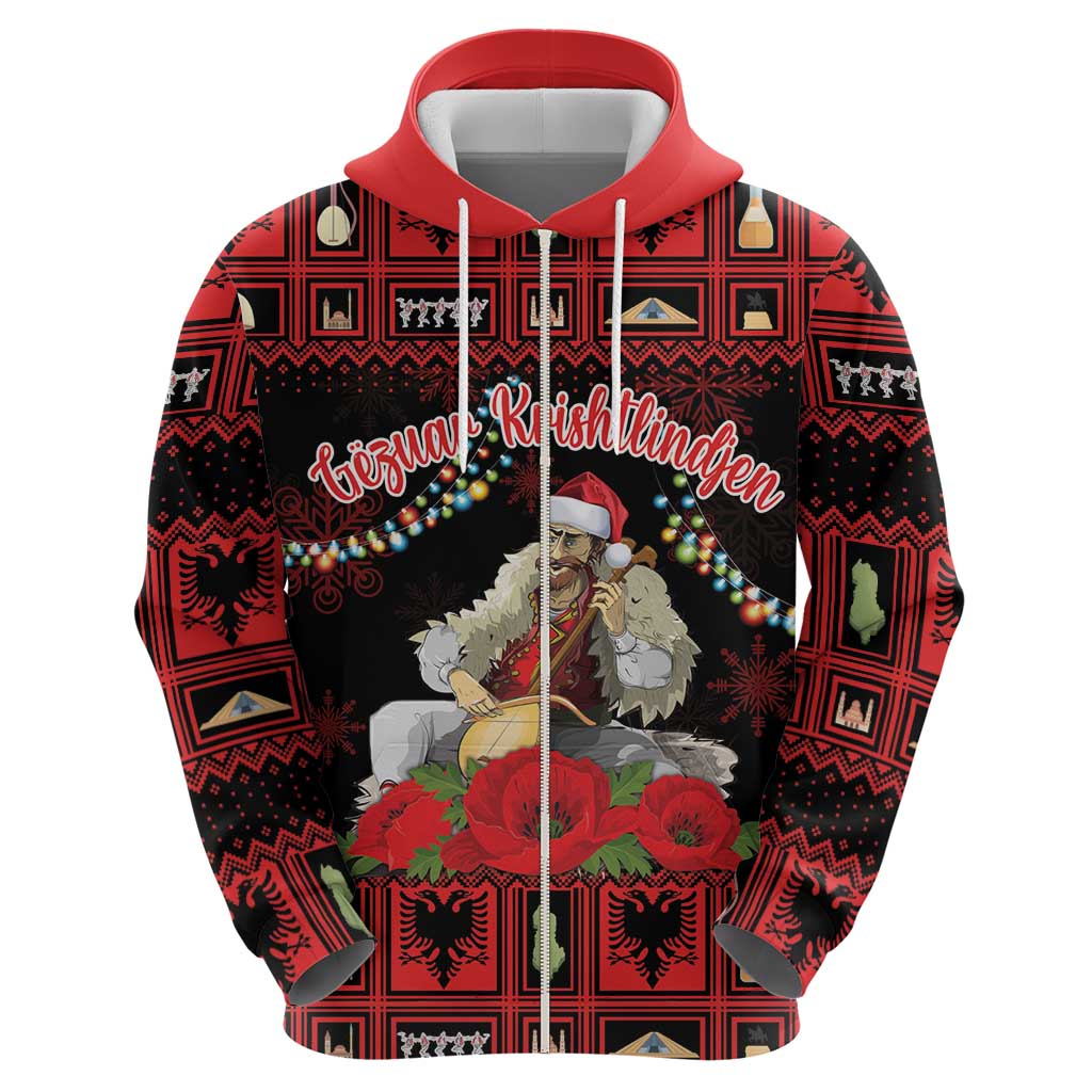 Personalized Albania Christmas Zip Hoodie Albanian Man Playing Lahuta With Red Poppy - Wonder Print Shop