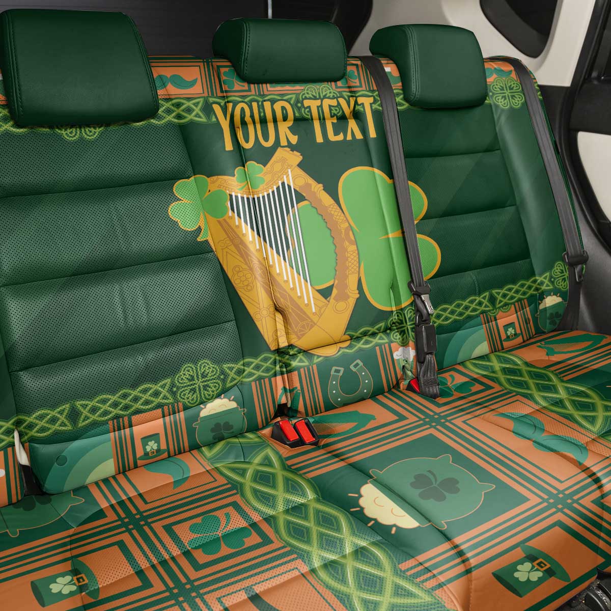 Personalized Ireland Christmas Back Car Seat Cover Irish Harp With Lucky Shamrock - Wonder Print Shop