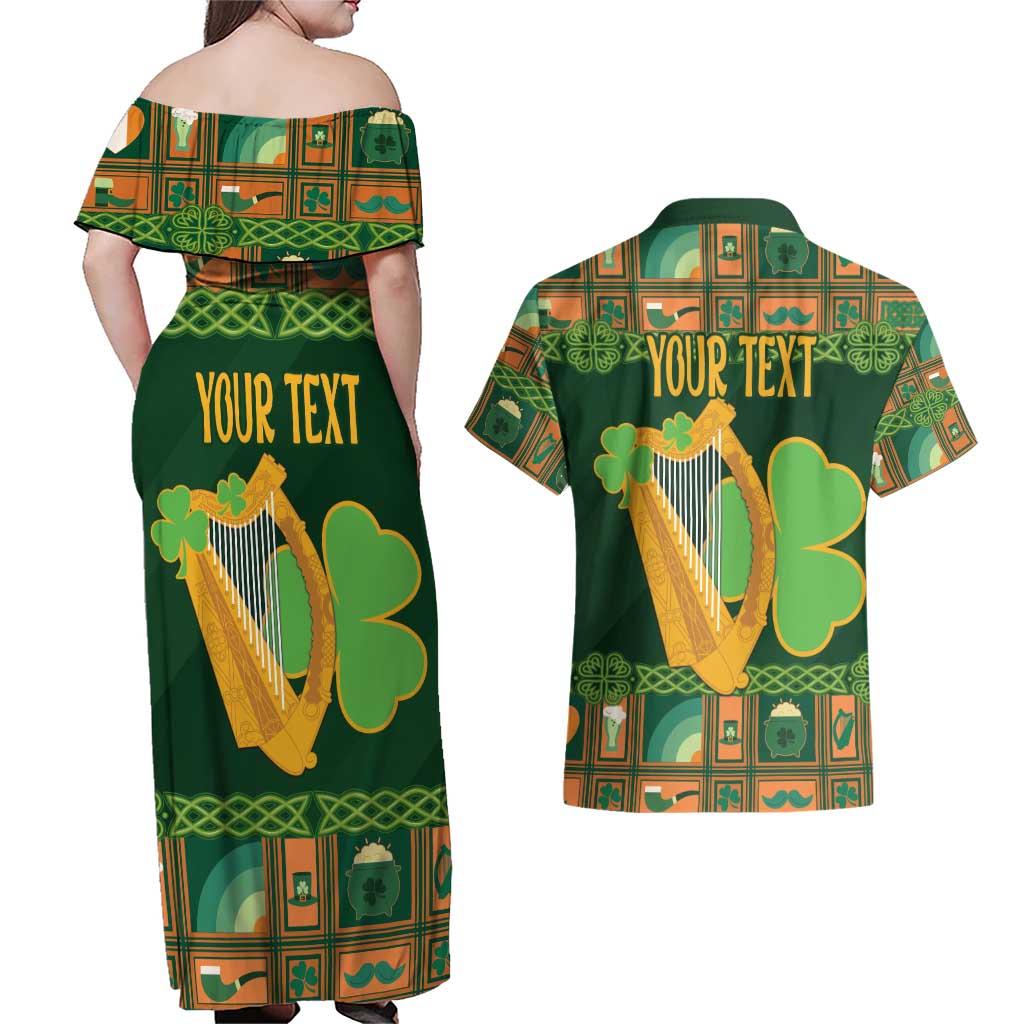 Personalized Ireland Christmas Couples Matching Off Shoulder Maxi Dress and Hawaiian Shirt Irish Harp With Lucky Shamrock - Wonder Print Shop