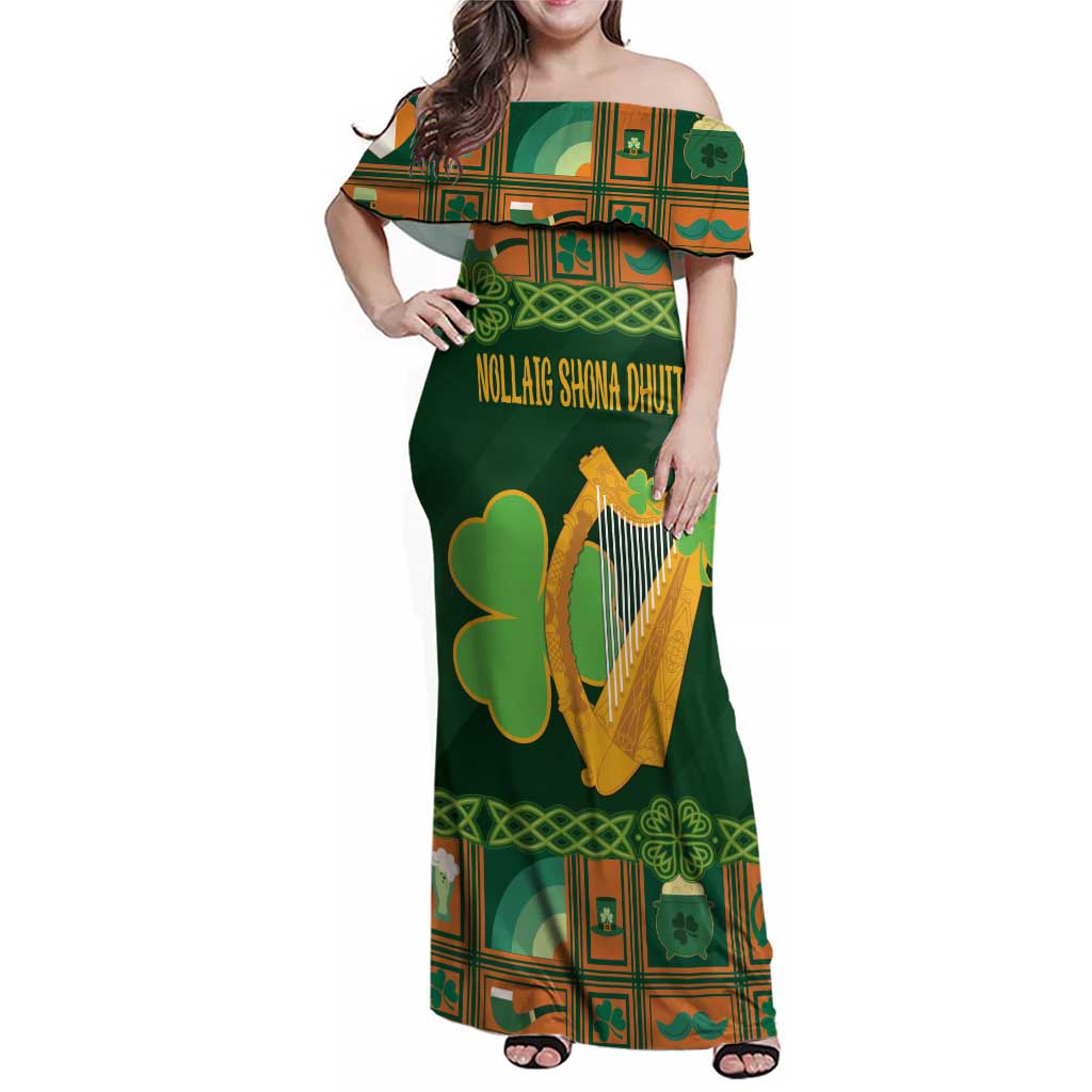 Personalized Ireland Christmas Family Matching Off Shoulder Maxi Dress and Hawaiian Shirt Irish Harp With Lucky Shamrock - Wonder Print Shop