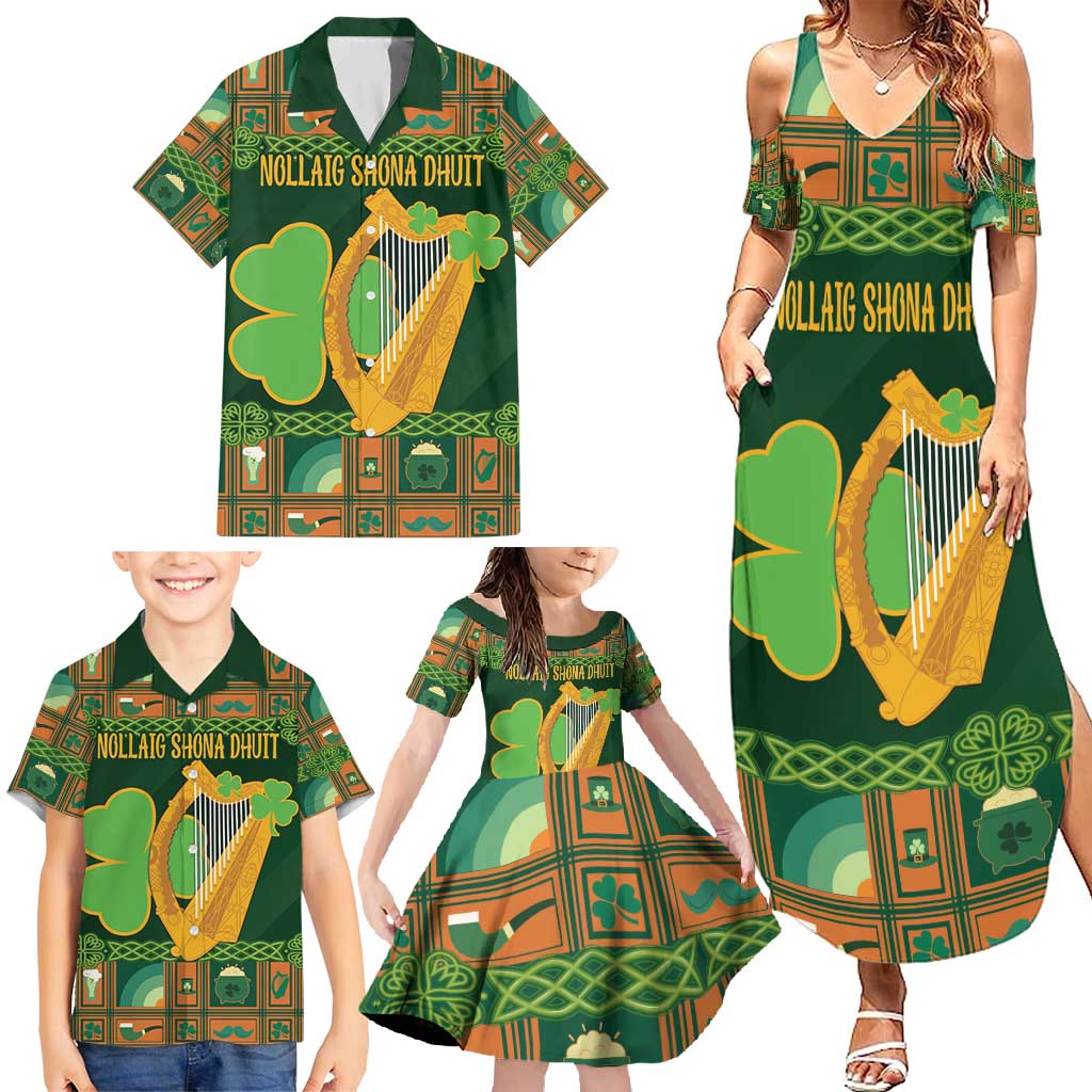 Personalized Ireland Christmas Family Matching Summer Maxi Dress and Hawaiian Shirt Irish Harp With Lucky Shamrock - Wonder Print Shop