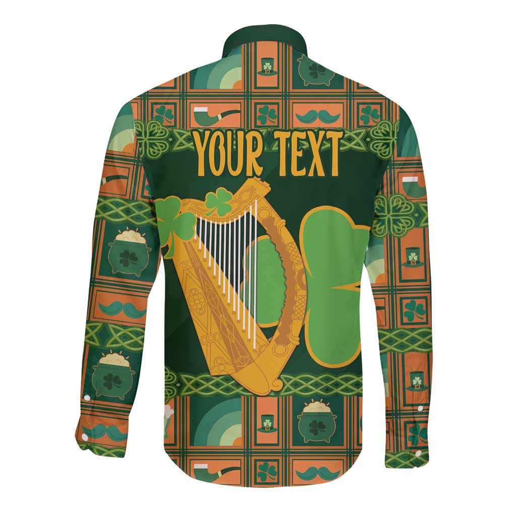 Personalized Ireland Christmas Long Sleeve Button Shirt Irish Harp With Lucky Shamrock - Wonder Print Shop