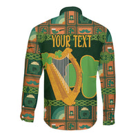 Personalized Ireland Christmas Long Sleeve Button Shirt Irish Harp With Lucky Shamrock - Wonder Print Shop
