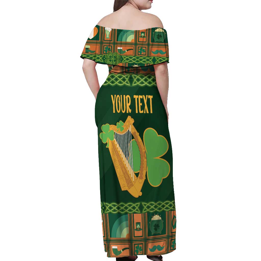 Personalized Ireland Christmas Off Shoulder Maxi Dress Irish Harp With Lucky Shamrock - Wonder Print Shop