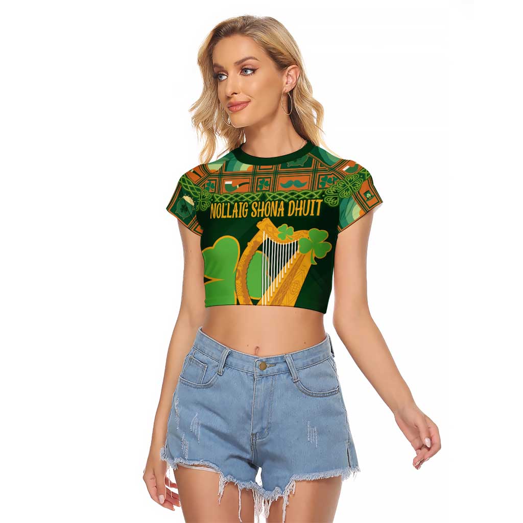 Personalized Ireland Christmas Raglan Cropped T Shirt Irish Harp With Lucky Shamrock - Wonder Print Shop