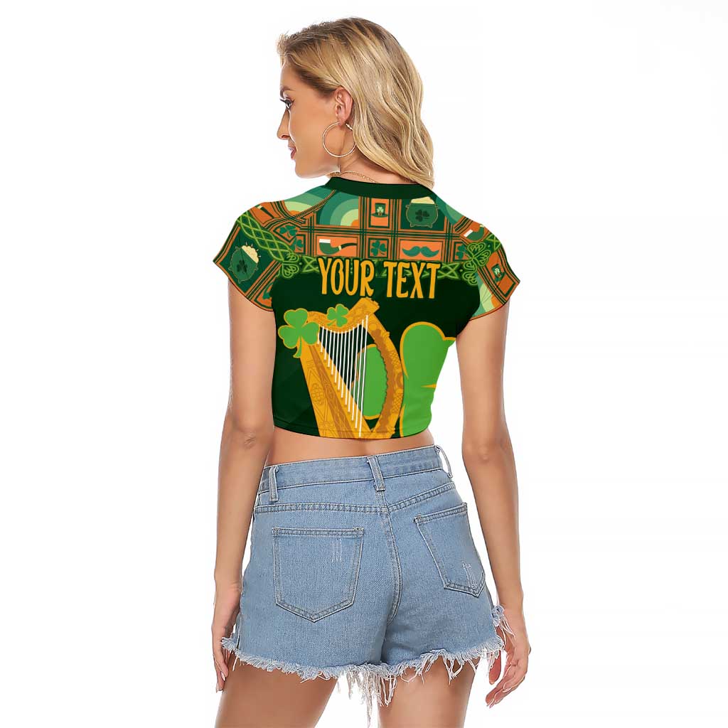 Personalized Ireland Christmas Raglan Cropped T Shirt Irish Harp With Lucky Shamrock - Wonder Print Shop