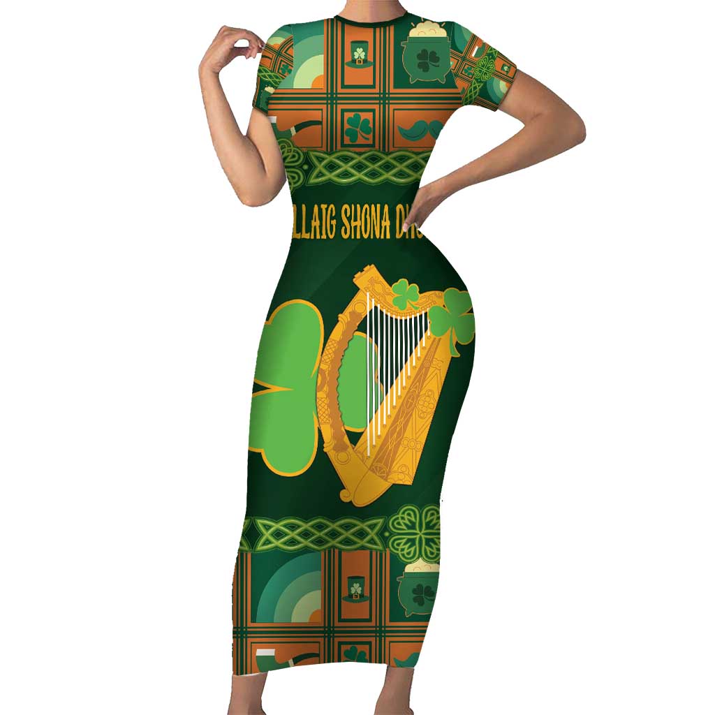 Personalized Ireland Christmas Short Sleeve Bodycon Dress Irish Harp With Lucky Shamrock - Wonder Print Shop