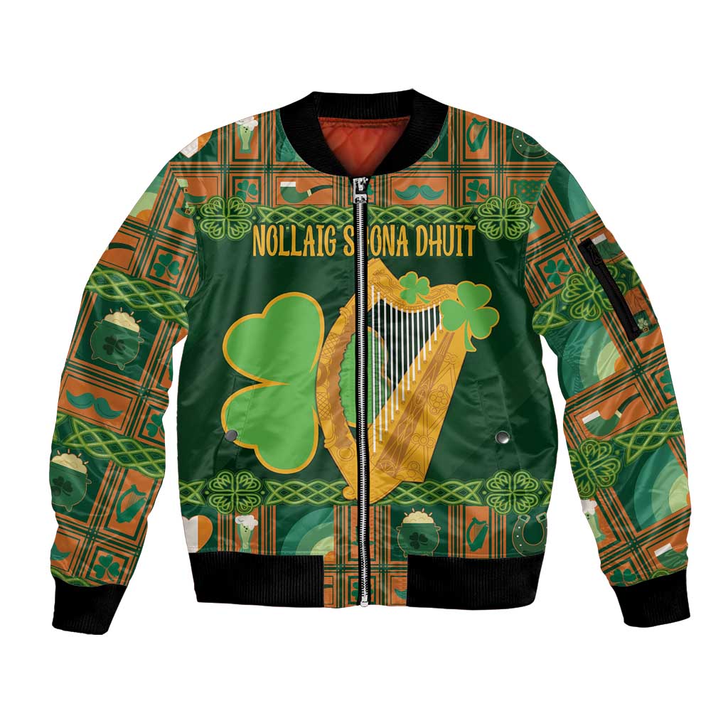 Personalized Ireland Christmas Sleeve Zip Bomber Jacket Irish Harp With Lucky Shamrock - Wonder Print Shop