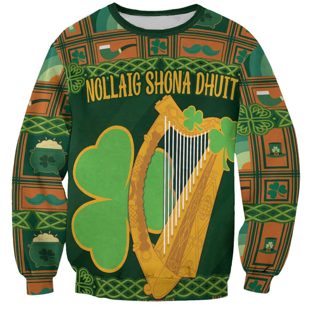 Personalized Ireland Christmas Sweatshirt Irish Harp With Lucky Shamrock - Wonder Print Shop