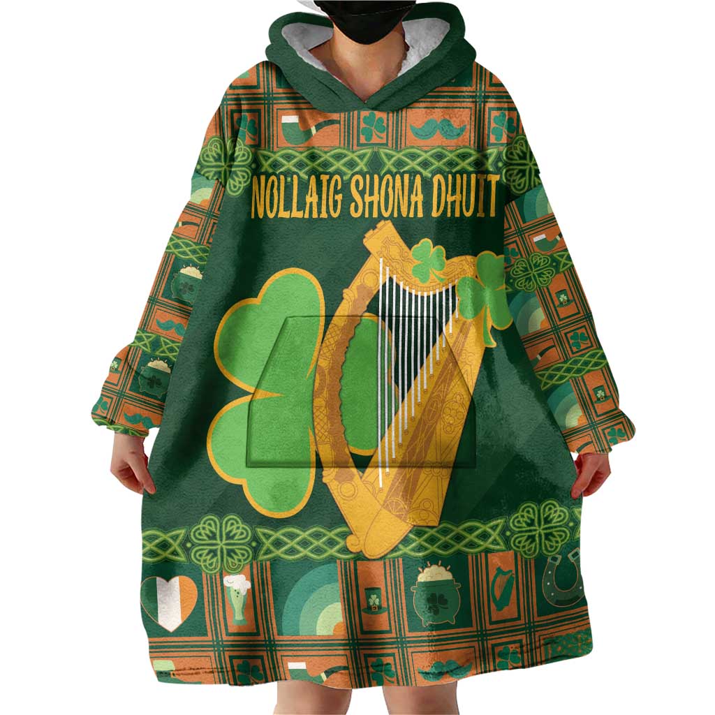 Personalized Ireland Christmas Wearable Blanket Hoodie Irish Harp With Lucky Shamrock - Wonder Print Shop