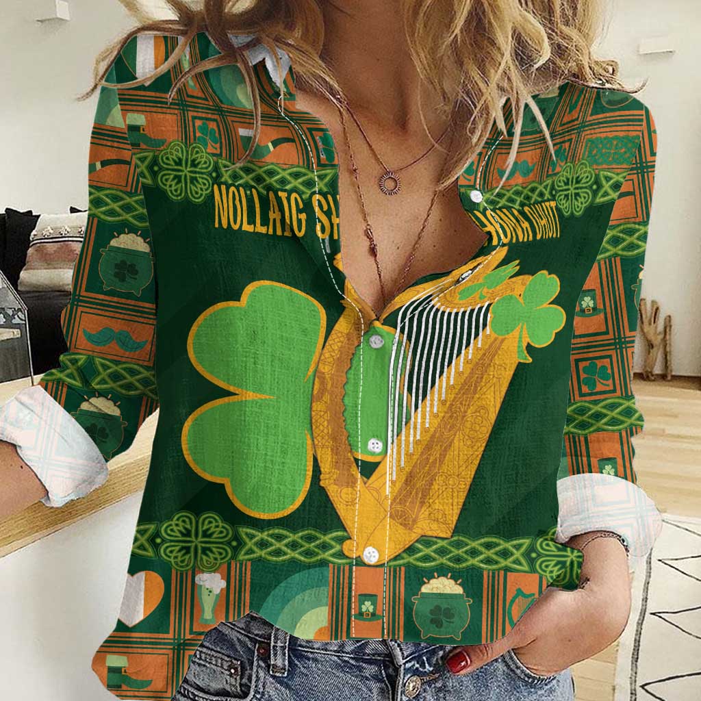 Personalized Ireland Christmas Women Casual Shirt Irish Harp With Lucky Shamrock - Wonder Print Shop