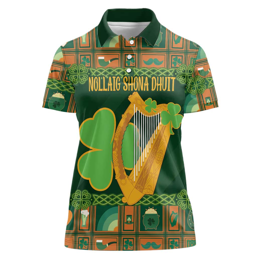 Personalized Ireland Christmas Women Polo Shirt Irish Harp With Lucky Shamrock - Wonder Print Shop