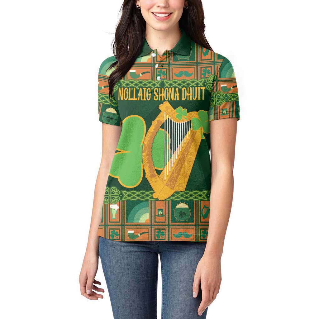 Personalized Ireland Christmas Women Polo Shirt Irish Harp With Lucky Shamrock - Wonder Print Shop