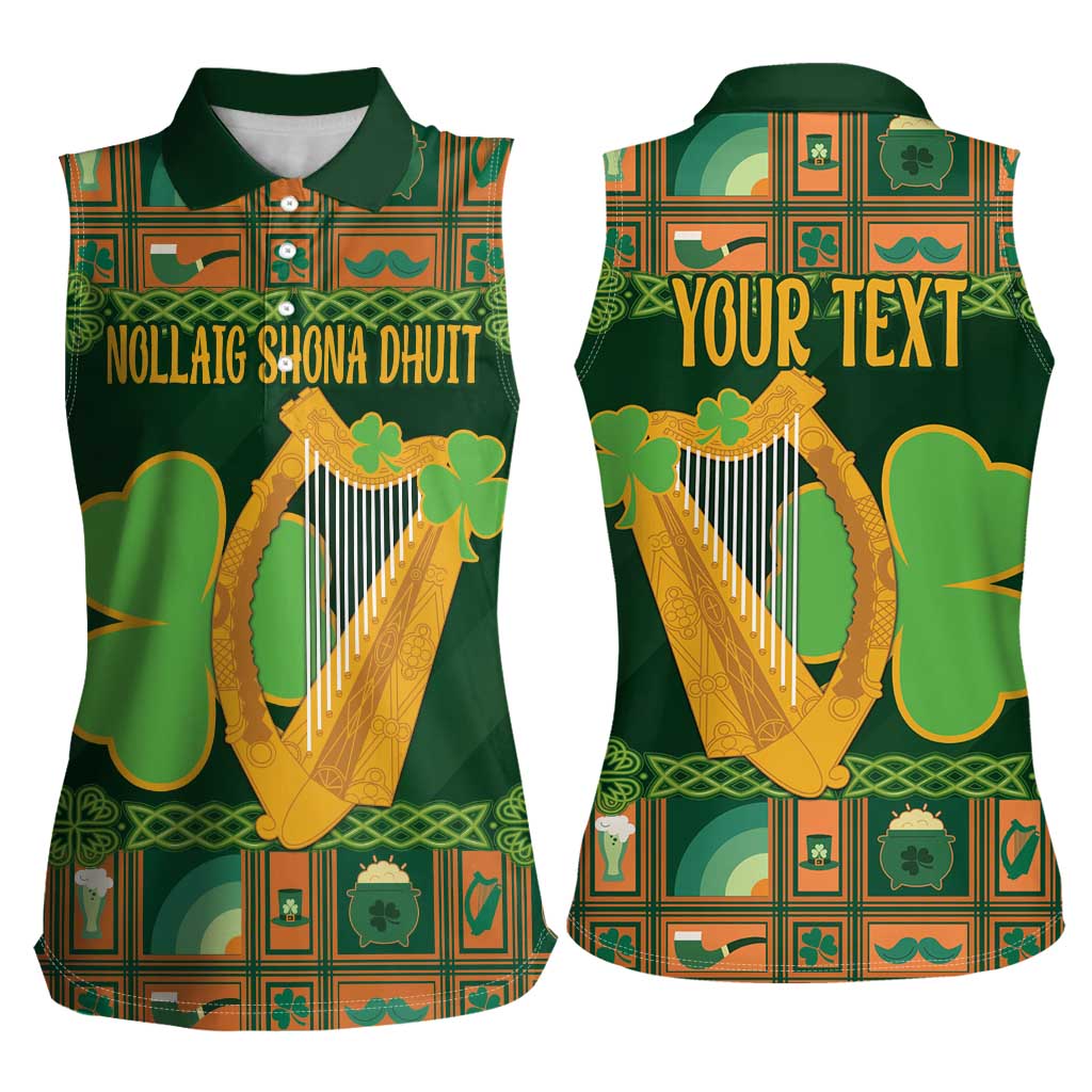 Personalized Ireland Christmas Women Sleeveless Polo Shirt Irish Harp With Lucky Shamrock - Wonder Print Shop