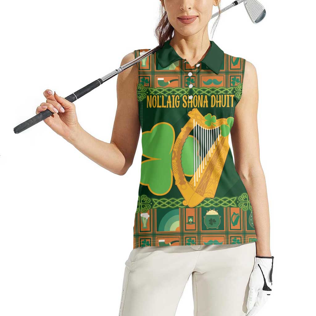 Personalized Ireland Christmas Women Sleeveless Polo Shirt Irish Harp With Lucky Shamrock - Wonder Print Shop