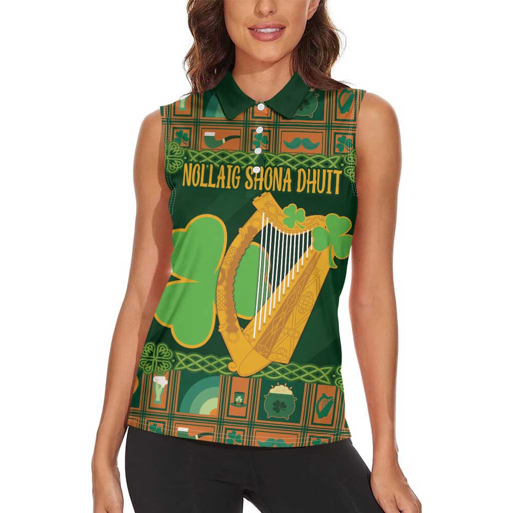 Personalized Ireland Christmas Women Sleeveless Polo Shirt Irish Harp With Lucky Shamrock - Wonder Print Shop