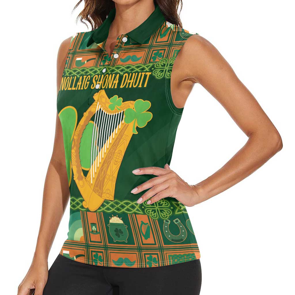 Personalized Ireland Christmas Women Sleeveless Polo Shirt Irish Harp With Lucky Shamrock - Wonder Print Shop