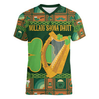 Personalized Ireland Christmas Women V-Neck T-Shirt Irish Harp With Lucky Shamrock - Wonder Print Shop
