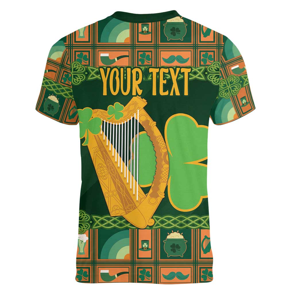 Personalized Ireland Christmas Women V-Neck T-Shirt Irish Harp With Lucky Shamrock - Wonder Print Shop