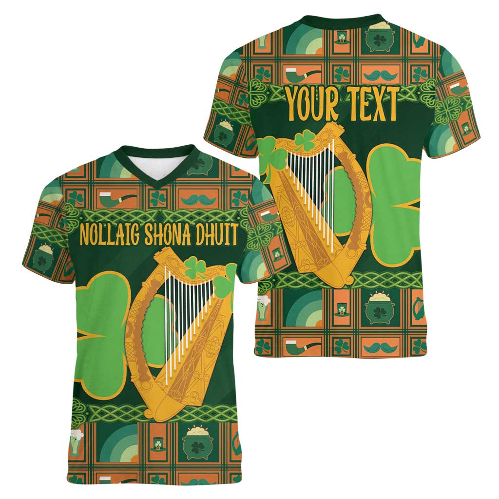 Personalized Ireland Christmas Women V-Neck T-Shirt Irish Harp With Lucky Shamrock - Wonder Print Shop